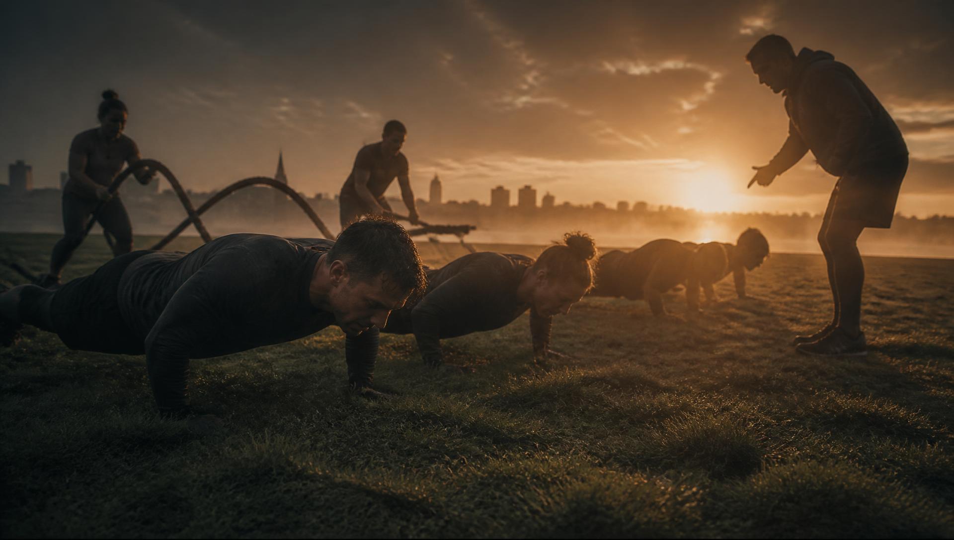 Outdoor bootcamp groepstraining bij zonsopgang met coach — Atlas Training Hedel